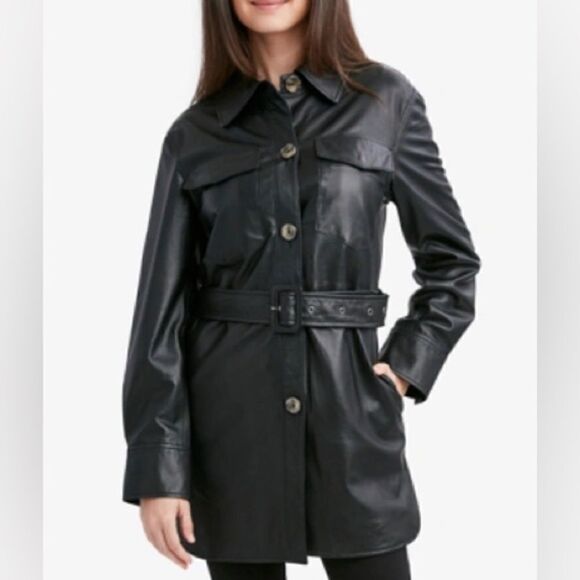 Tahari Jackets & Blazers - Tahari Women's Liv Belted Leather Shirt Jacket Black Petite Large NWT